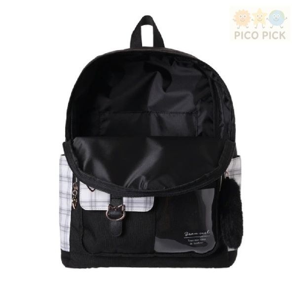 【日本直送正版】Coboca+ 貓咪扣環格紋拼接後背包（附毛絨尾巴吊飾）｜A4收納｜輕量17L｜兒童書包 