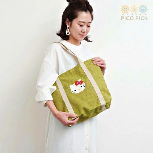日本直送 Hello Kitty × MAYGLOBE 手工刺繡托特包｜大容量手提袋｜購物袋 Hello Kitty 托特包｜Hello Kitty 手提袋｜Hello Kitty 購物袋｜Sanrio正版｜MAYGLOBE 聯名｜大容量手提包