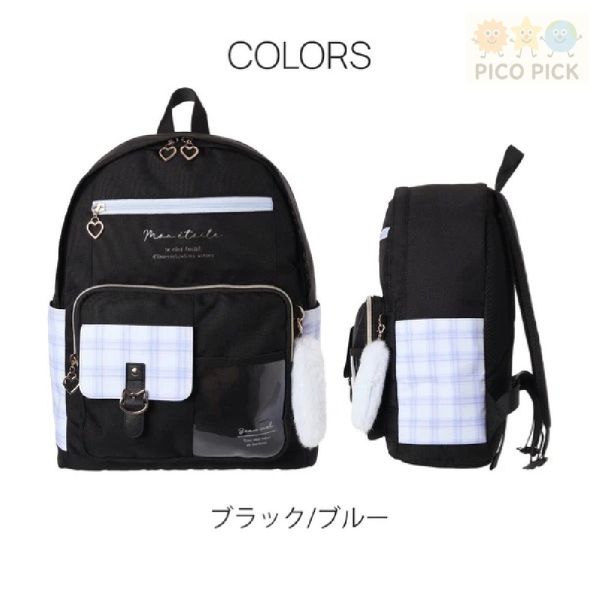 【日本直送正版】Coboca+ 貓咪扣環格紋拼接後背包（附毛絨尾巴吊飾）｜A4收納｜輕量17L｜兒童書包 