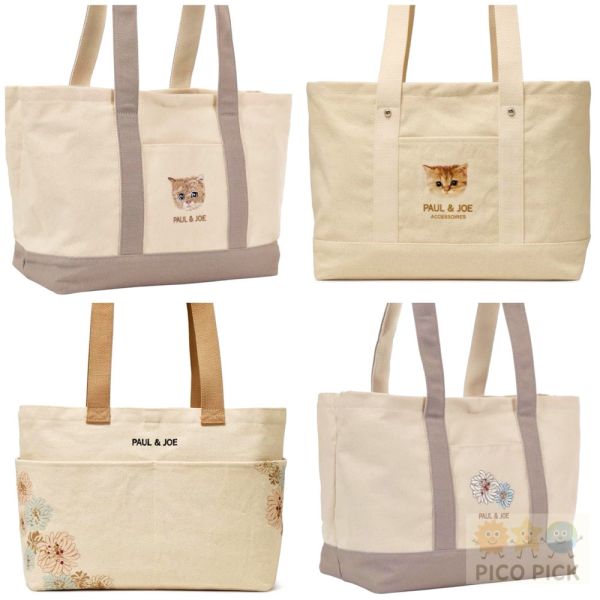 日本｜PAUL & JOE ACCESSOIRES 多層收納帆布托特包｜貓咪刺繡／花卉刺繡｜通勤肩背手提兩用媽媽包 