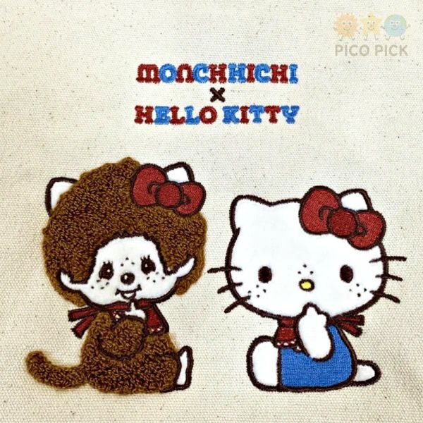 日本｜正版夢幻聯名Monchhichi × Hello Kitty 聯名帆布托特包｜手提包｜收納袋 