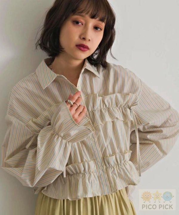 2026春裝日本 Elencare due荷葉綁帶短版襯衫 上衣 條紋/格紋 甜美氣質 女裝 