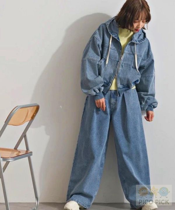 2026春裝日本Elencare due 短版牛仔外套＋打摺寬褲套裝 女裝 丹寧套裝 連帽外套 牛仔褲 寬褲 套裝 