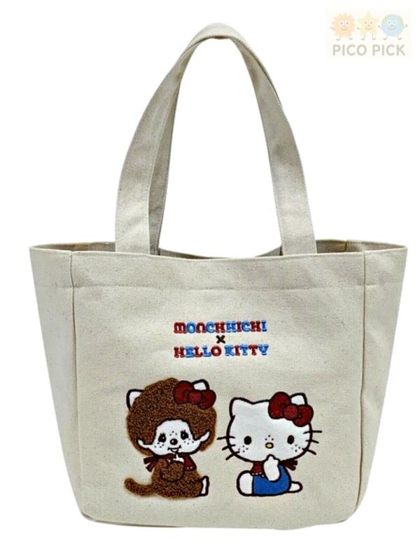日本｜正版夢幻聯名Monchhichi × Hello Kitty 聯名帆布托特包｜手提包｜收納袋 