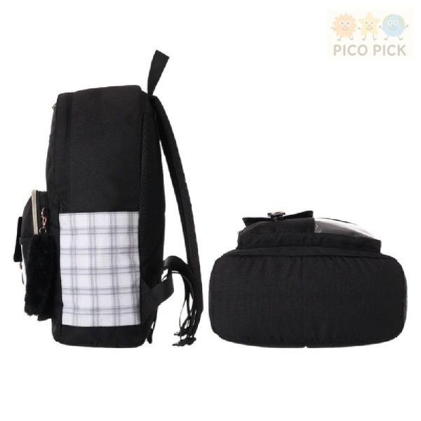 【日本直送正版】Coboca+ 貓咪扣環格紋拼接後背包（附毛絨尾巴吊飾）｜A4收納｜輕量17L｜兒童書包 