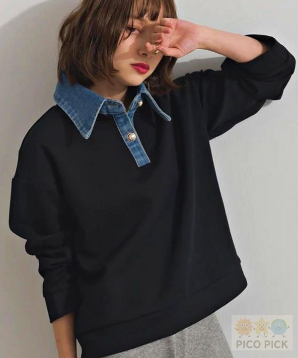 2026春裝Elencare due日本 假兩件牛仔領拼接上衣 長袖上衣 衛衣 休閒上衣 女裝 