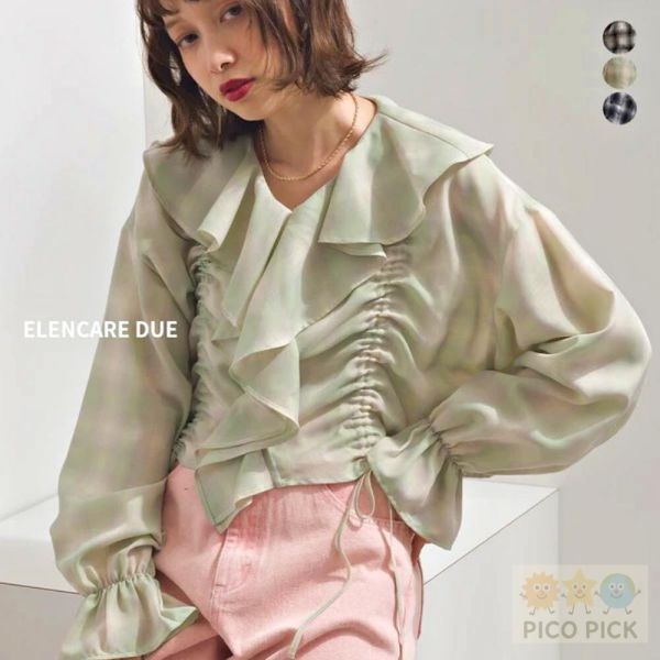 2026春款日本Elencare Due 設計款｜浪漫荷葉抽繩V領格紋上衣 雪紡荷葉邊短版上衣 女生上衣 