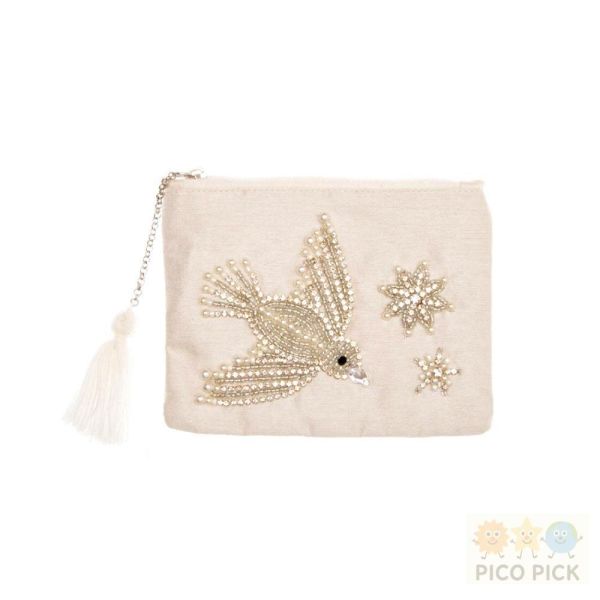 日本 cottage手工珠飾刺繡小鳥化妝包 S款 米色／白色 收納包 手拿包 隨身小物包 