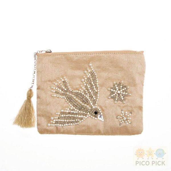 日本 cottage手工珠飾刺繡小鳥化妝包 S款 米色／白色 收納包 手拿包 隨身小物包 