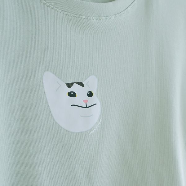 胡同禮貌微笑 T-shirt 綠 胡同上衣,貓咪圖案 T-shirt,合身短袖,厭世貓咪上衣,搞笑貓咪衣服,還沒睡醒 T-shirt,尷尬微笑貓咪,貓奴穿搭,懶人穿搭推薦,迷因風格服飾,台灣原創插畫衣服,胡同品牌衣服