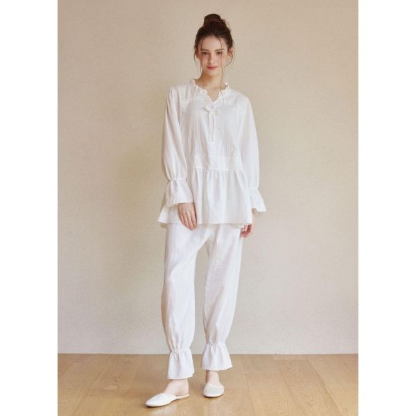 LUNALUZ 純棉混紡蕾絲睡衣套裝｜白色極光 