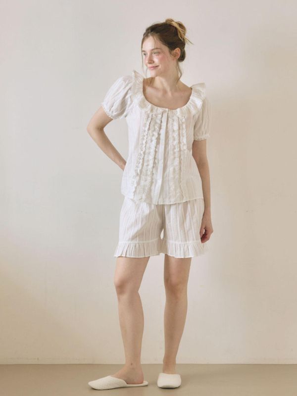 LUNALUZ 立體織紋荷葉領睡衣套裝｜純淨白　26S 