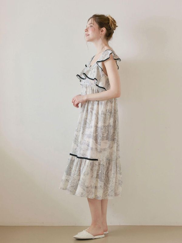 LUNALUZ 朱依紋睡衣洋裝｜黑邊荷葉設計・灰調 26S 