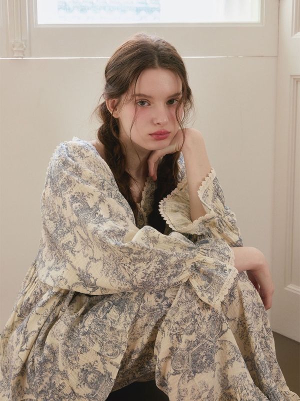 LUNALUZ 韓國復古浮世畫印花睡衣套裝｜雙層紗棉 