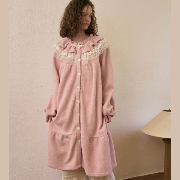 ULLALA 夢幻霧粉蕾絲珊瑚絨睡袍 