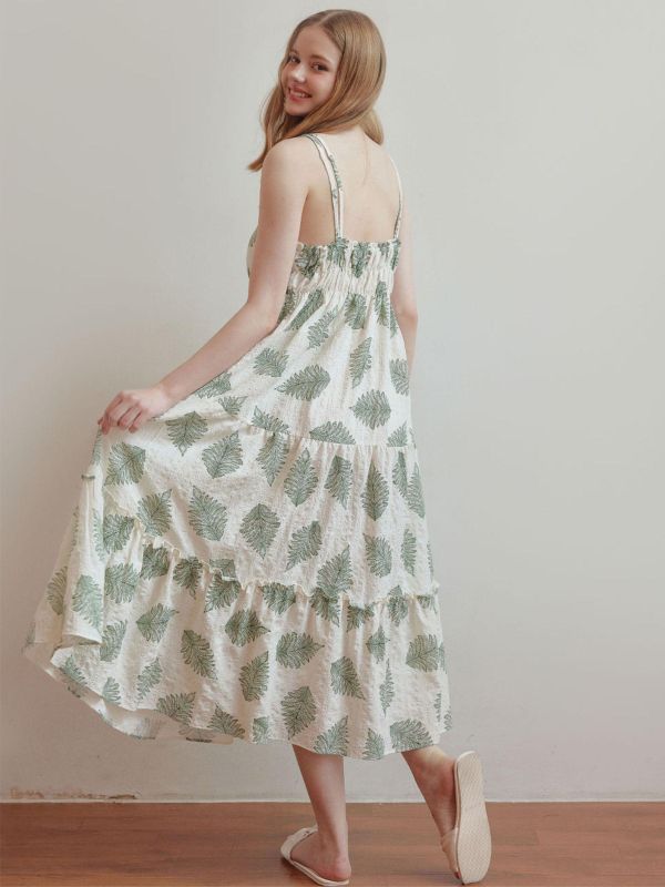 LUNALUZ  夏日度假睡衣洋裝｜奶油綠影 內襯Bra 