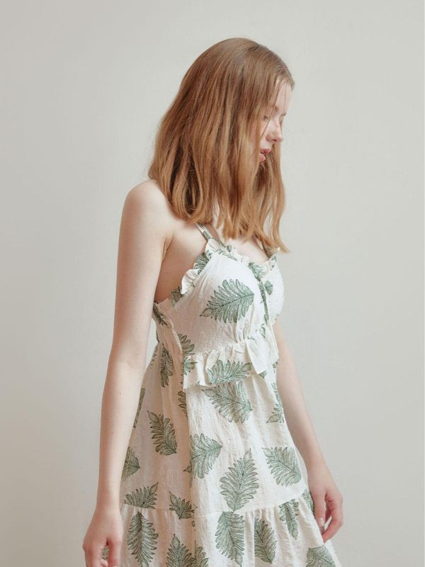 LUNALUZ  夏日度假睡衣洋裝｜奶油綠影 內襯Bra 