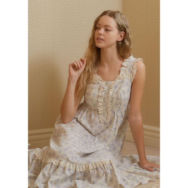 LUNALUZ 藍玫瑰印花蕾絲長裙睡衣｜夏日推薦．薄棉涼感 