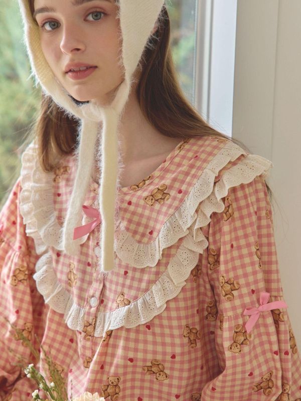 LUNALUZ  粉格熊語蕾絲睡衣套裝 