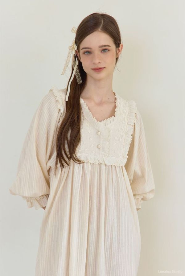 LUNALUZ 晨光呢喃 純棉蕾絲睡衣洋裝 