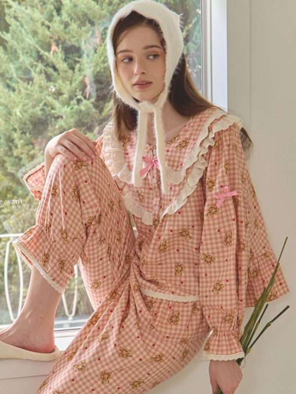 LUNALUZ  粉格熊語蕾絲睡衣套裝 