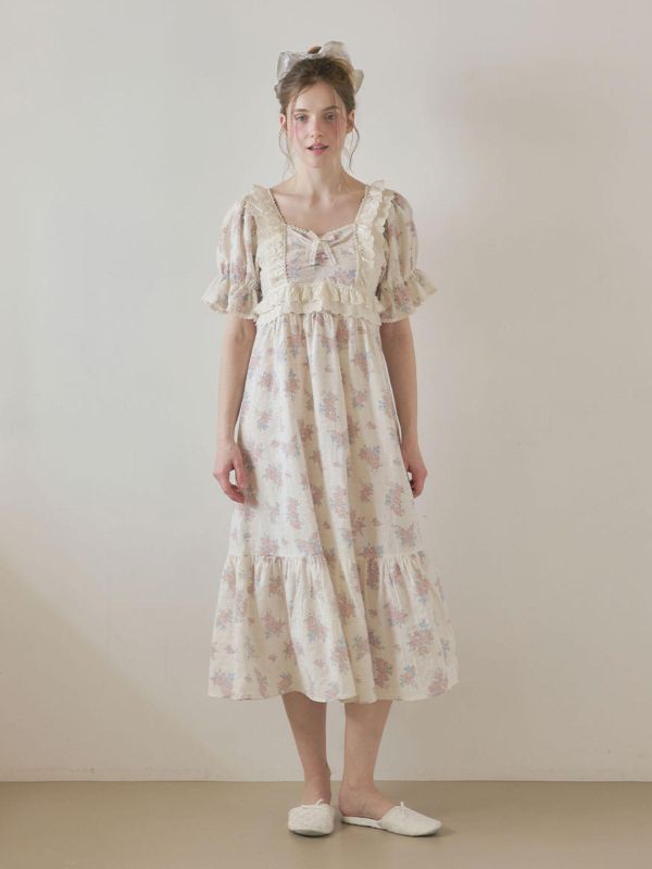 LUNALUZ 花園詩意睡衣洋裝｜霧感花卉　26S 