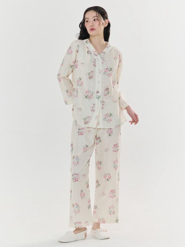 BALCONY 柔軟親膚雙層棉紗長袖睡裙 米色 