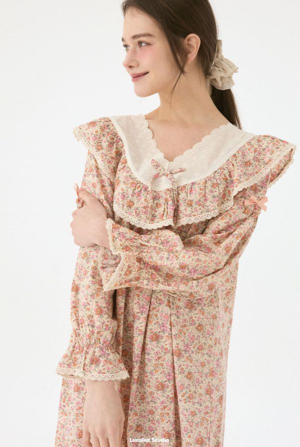 LUNALUZ V 領蕾絲睡衣洋裝｜花園印花 