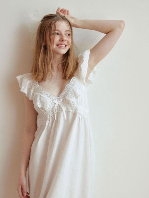 LUNALUZ  長款奢華蕾絲睡衣洋裝 