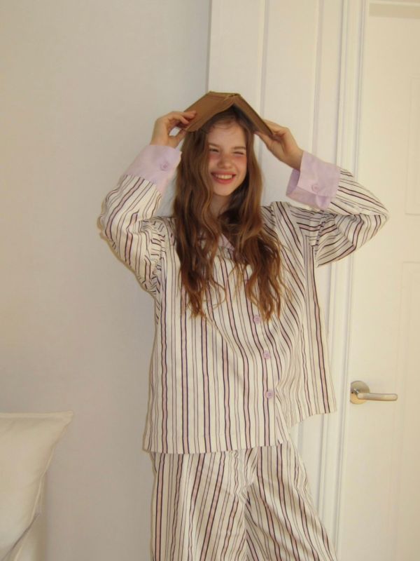 韓國 色塊設計睡衣套裝｜PINK 