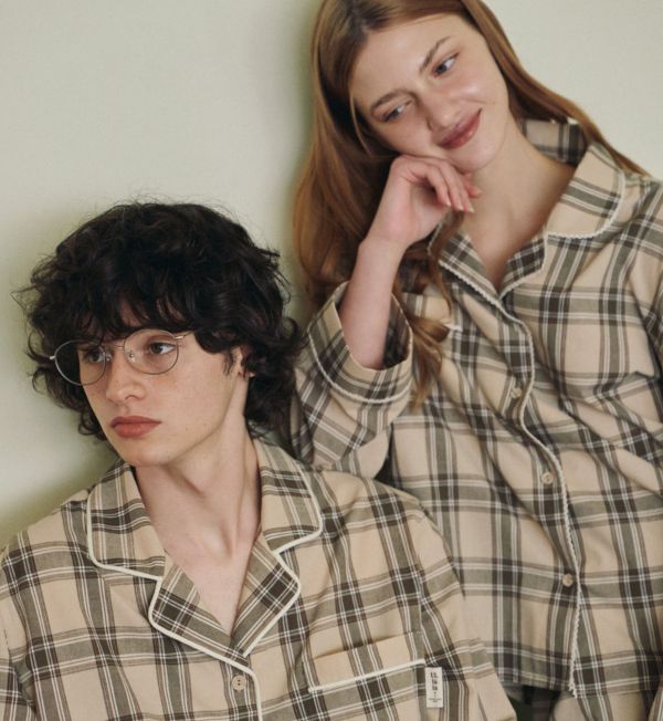 ULLALA 女款米棕格紋睡衣套裝 