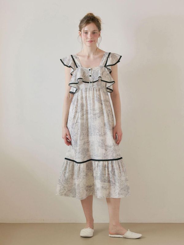 LUNALUZ 朱依紋睡衣洋裝｜黑邊荷葉設計・灰調 26S 