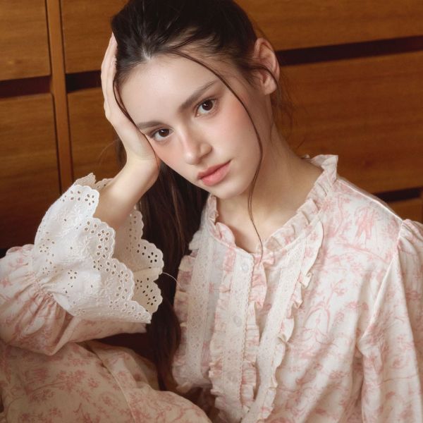 LUNALUZ 韓國粉紅朱依紋印花棉質蕾絲睡衣洋裝 