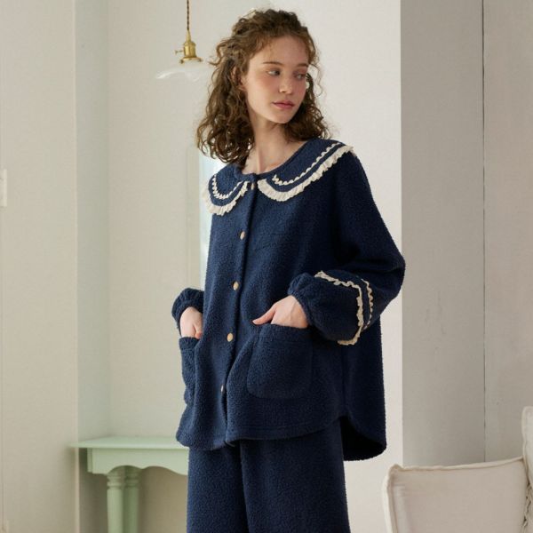 ULLALA冬夜藍調珊瑚絨睡衣套裝 