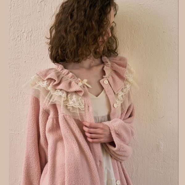 ULLALA 夢幻霧粉蕾絲珊瑚絨睡袍 