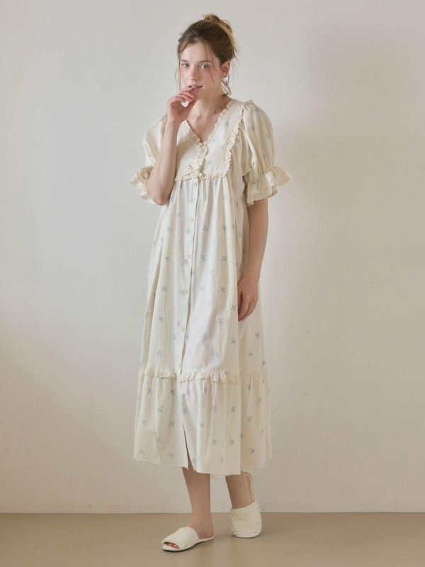 LUNALUZ 靜謐棉感 奶霧白睡衣洋裝｜版型寬鬆　26S 