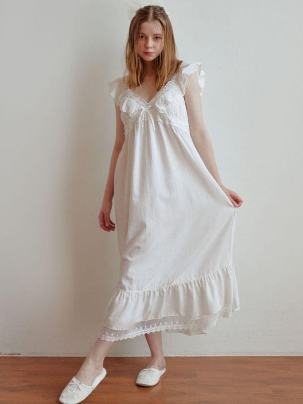 LUNALUZ  長款奢華蕾絲睡衣洋裝 