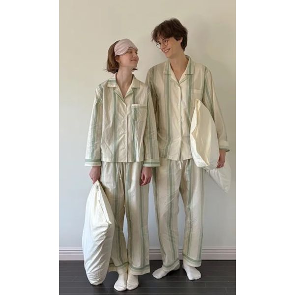 VIVIHOME 韓國橄欖色條紋睡衣套裝｜午夜巴黎系列 