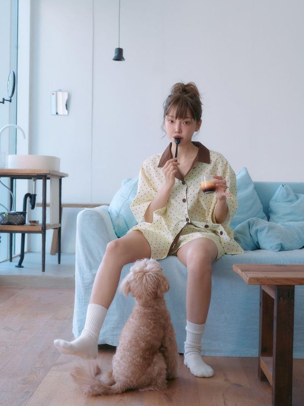 MMOM 淺黃波點睡衣套裝｜100%純棉・限量系列 
