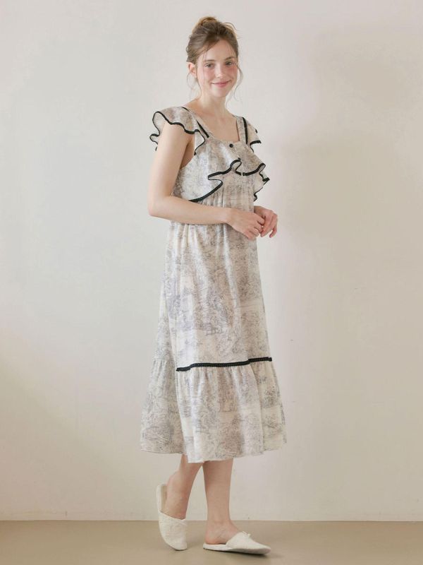 LUNALUZ 朱依紋睡衣洋裝｜黑邊荷葉設計・灰調 26S 