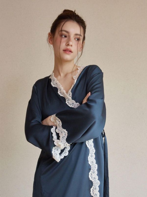 LUNALUZ 夜曲蕾絲 睡衣睡袍組｜內襯 Bra 深夜藍 26S 