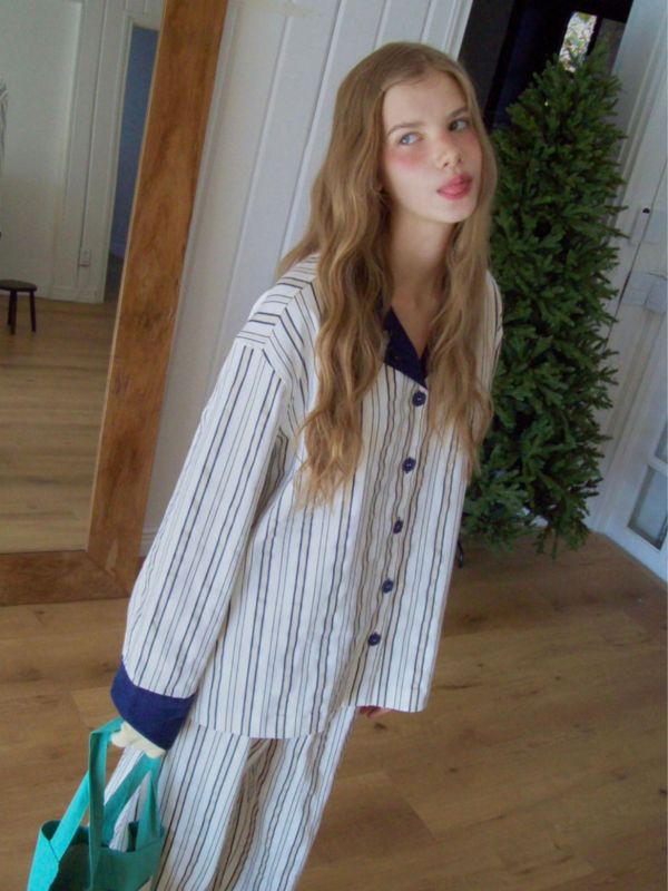 韓國 色塊設計睡衣套裝｜BEIGE 