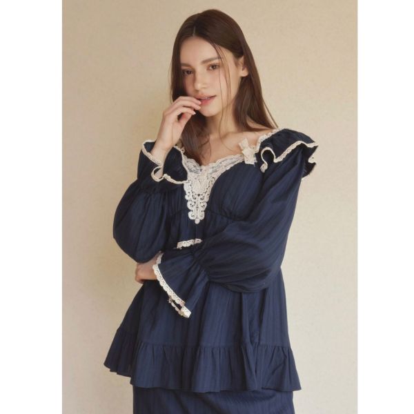 LUNALUZ 午夜海藍刺繡蕾絲睡衣套裝｜內襯Bra設計 