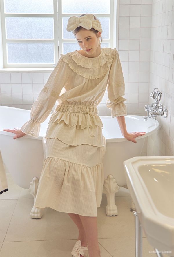 LUNALUZ 米白小夜曲蕾絲睡衣洋裝 