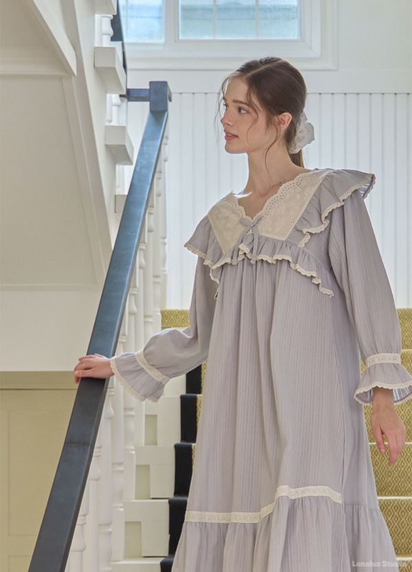 LUNALUZ 暮霧灰純棉蕾絲睡衣 