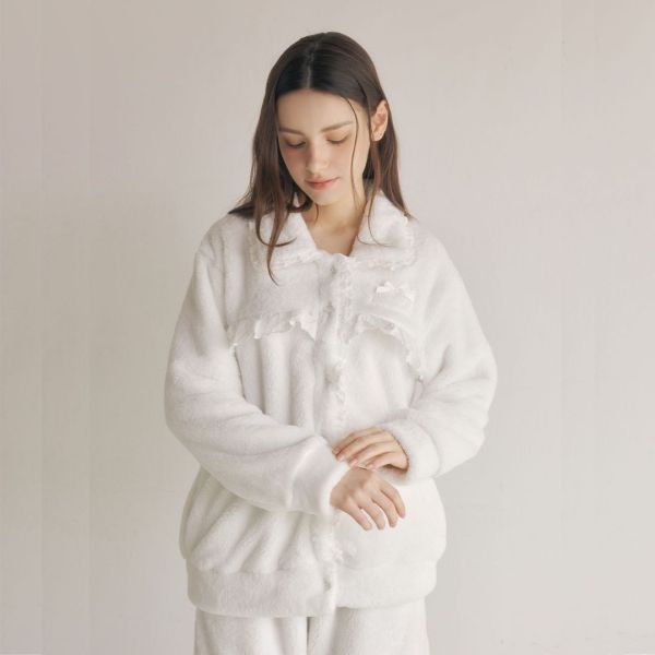 LUNALUZ 雲朵超細纖維蕾絲睡衣套裝｜外套式開襟設計 