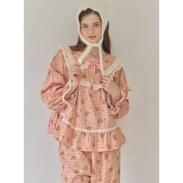 LUNALUZ  粉格熊語蕾絲睡衣套裝 