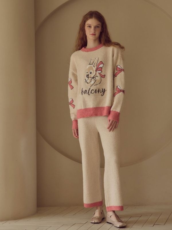 BALCONY 可愛蝴蝶結針織睡衣套裝 