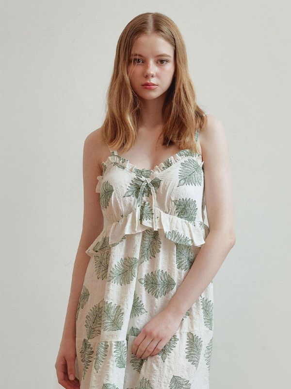 LUNALUZ  夏日度假睡衣洋裝｜奶油綠影 內襯Bra 