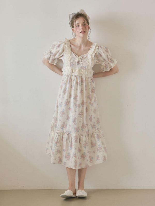 LUNALUZ 花園詩意睡衣洋裝｜霧感花卉　26S 